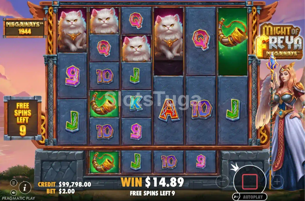 Rodada de giros grátis do Might of Freya Megaways com multiplicador crescendo