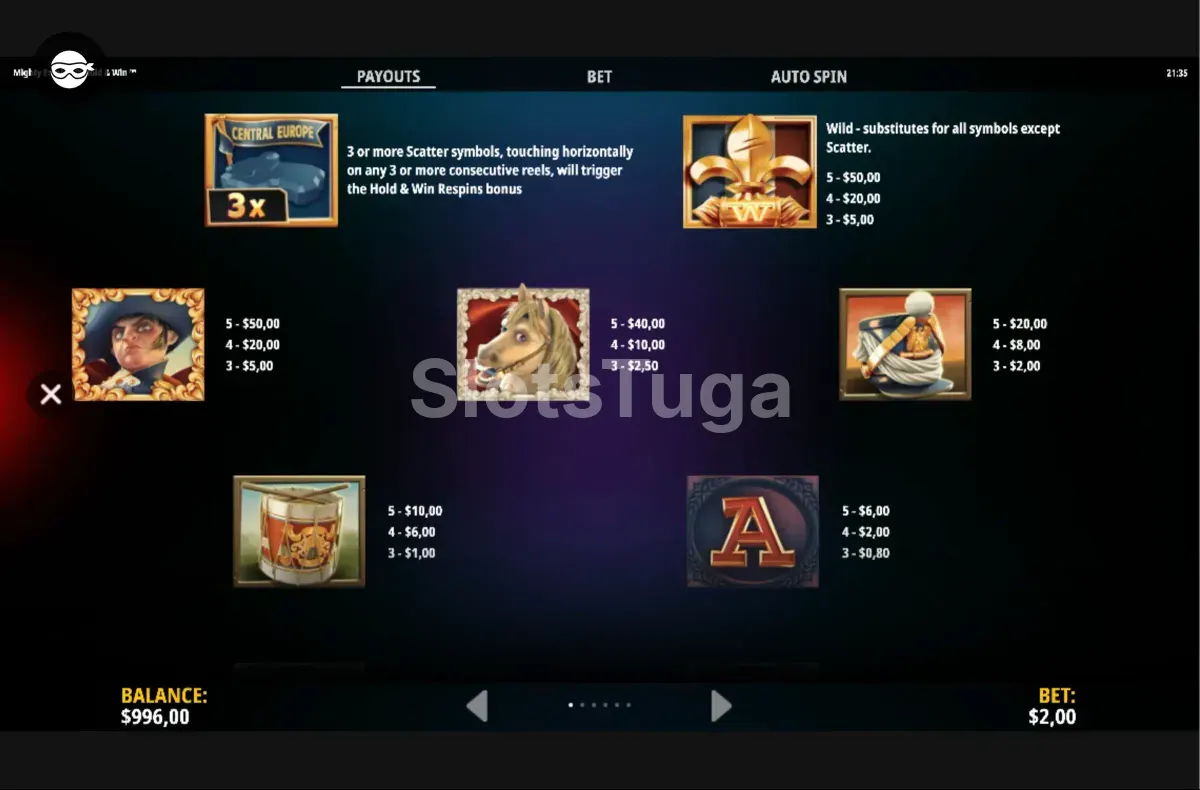 Tabela de pagamentos da Mighty Empire Hold & Win mostrando valores dos símbolos