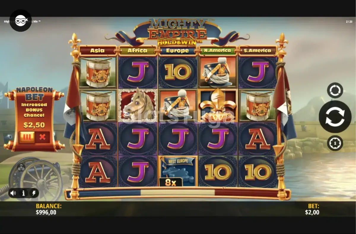 Jogo base da Mighty Empire Hold & Win com símbolos temáticos de império
