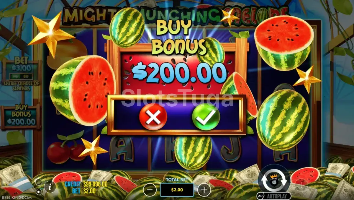 Tela de compra de bônus da Mighty Munching Melons com opções disponíveis