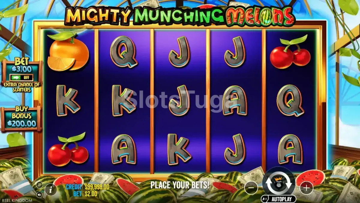 Tela principal do jogo Mighty Munching Melons com os rouleaux em exibição
