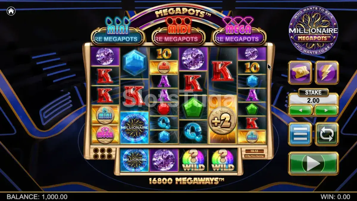 Jogo base do Millionaire Megapots com os 6 rouleaux em ação