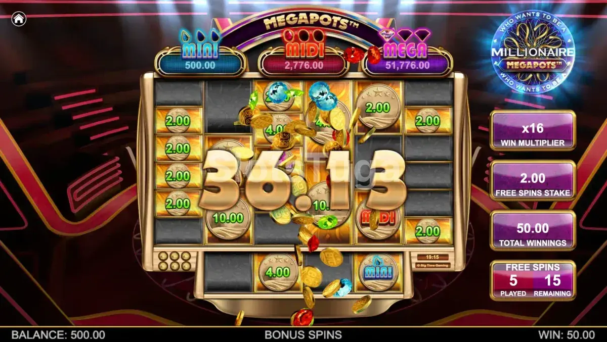 Tela de grande vitória no Millionaire Megapots com premiação expressiva