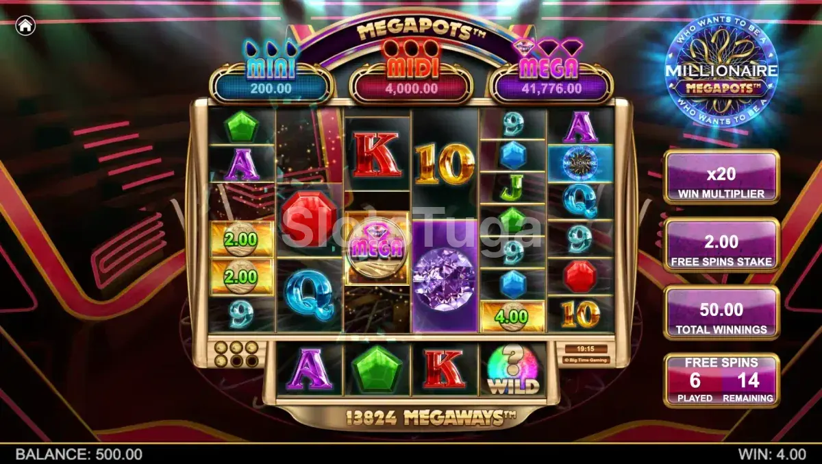 Rodadas grátis ativadas no Millionaire Megapots com multiplicadores
