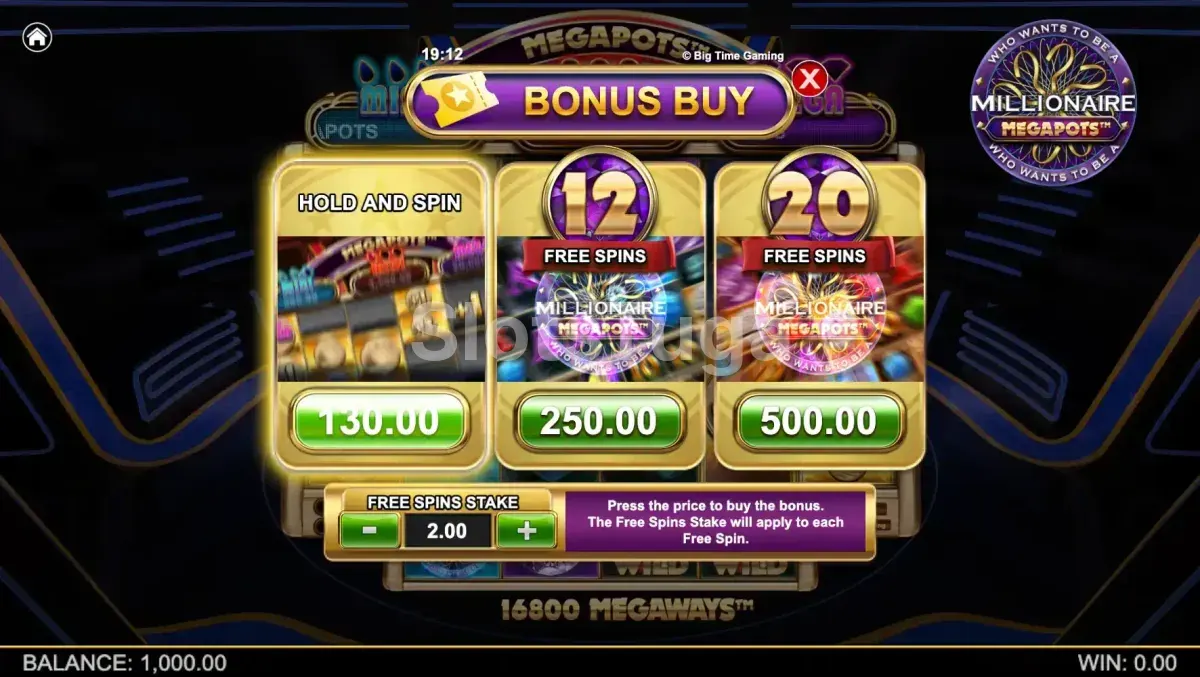 Tela de compra de bônus do Millionaire Megapots com as opções disponíveis