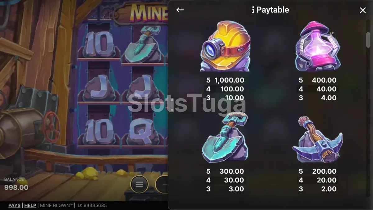 Tabela de pagamentos da Mine Blown mostrando os símbolos