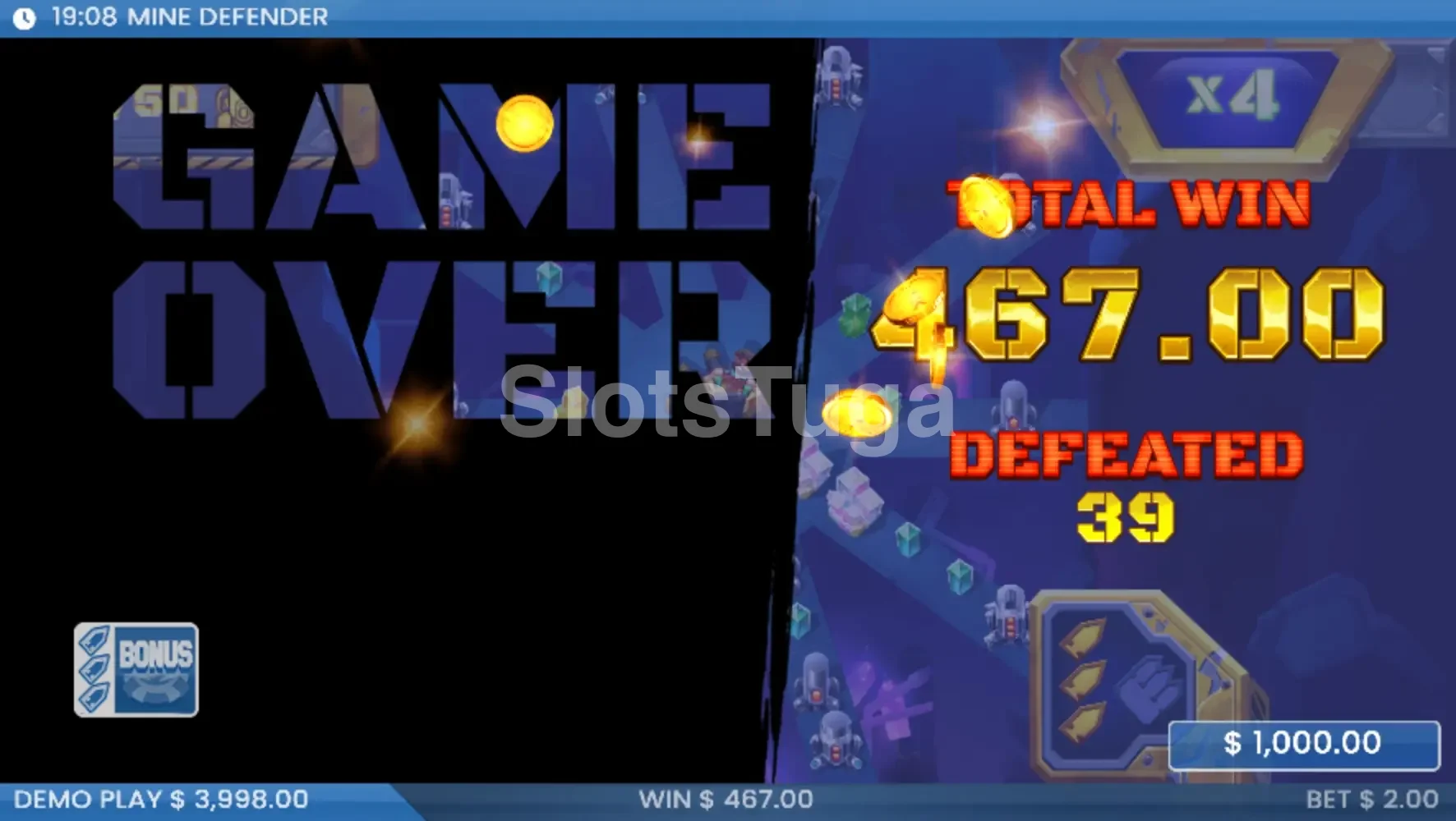 Grande vitória no Mine Defender com multiplicador alto e tela de big win