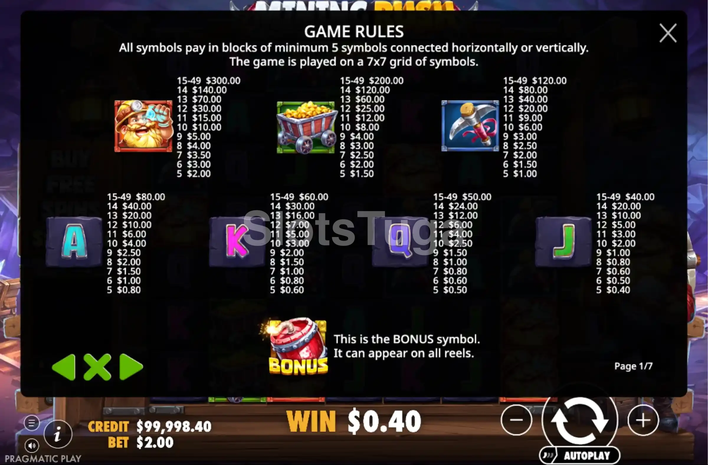 Tabela de pagamentos do Mining Rush mostrando valores dos símbolos