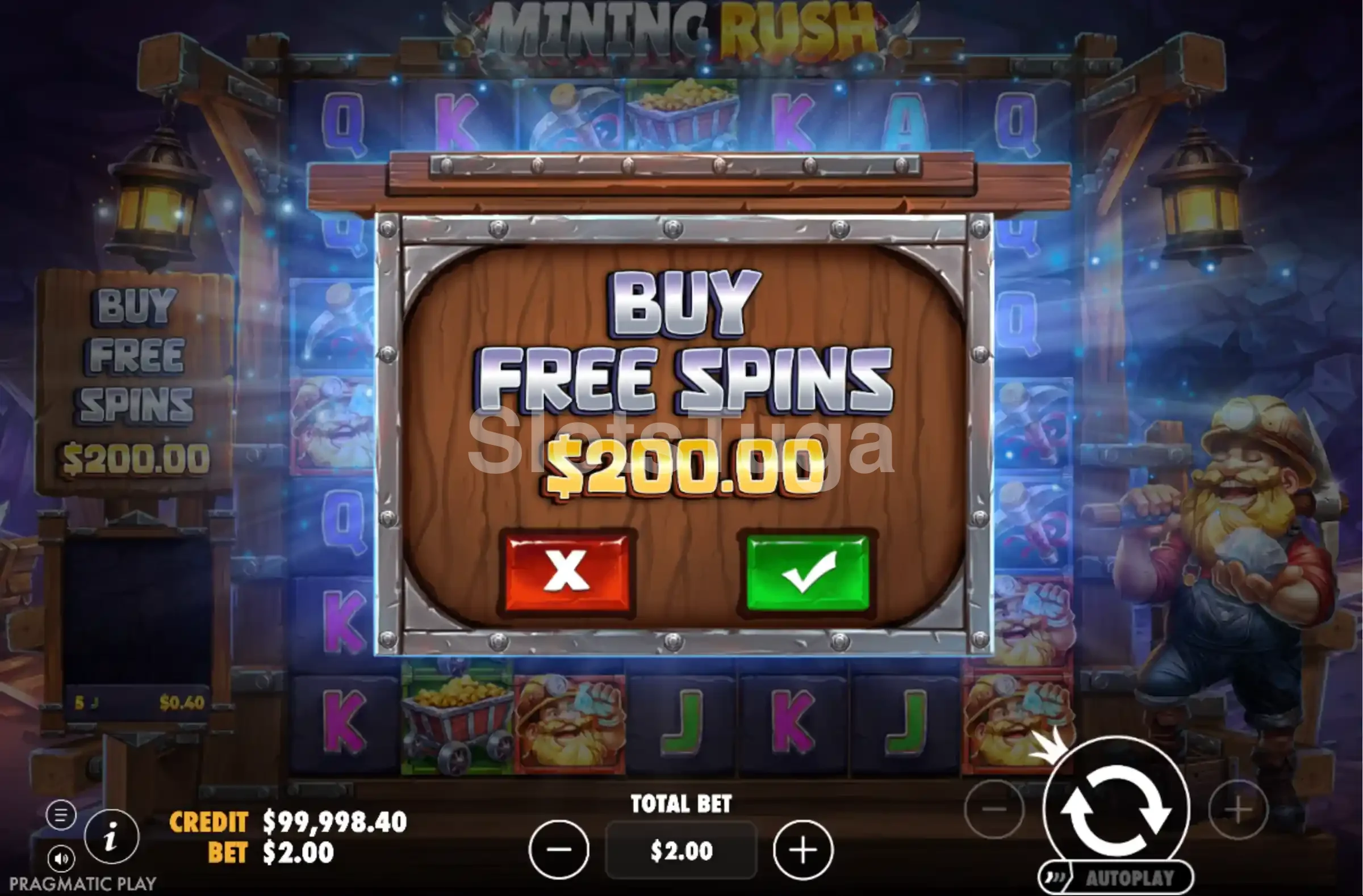 Tela de Bonus Buy do Mining Rush com opções de compra disponíveis