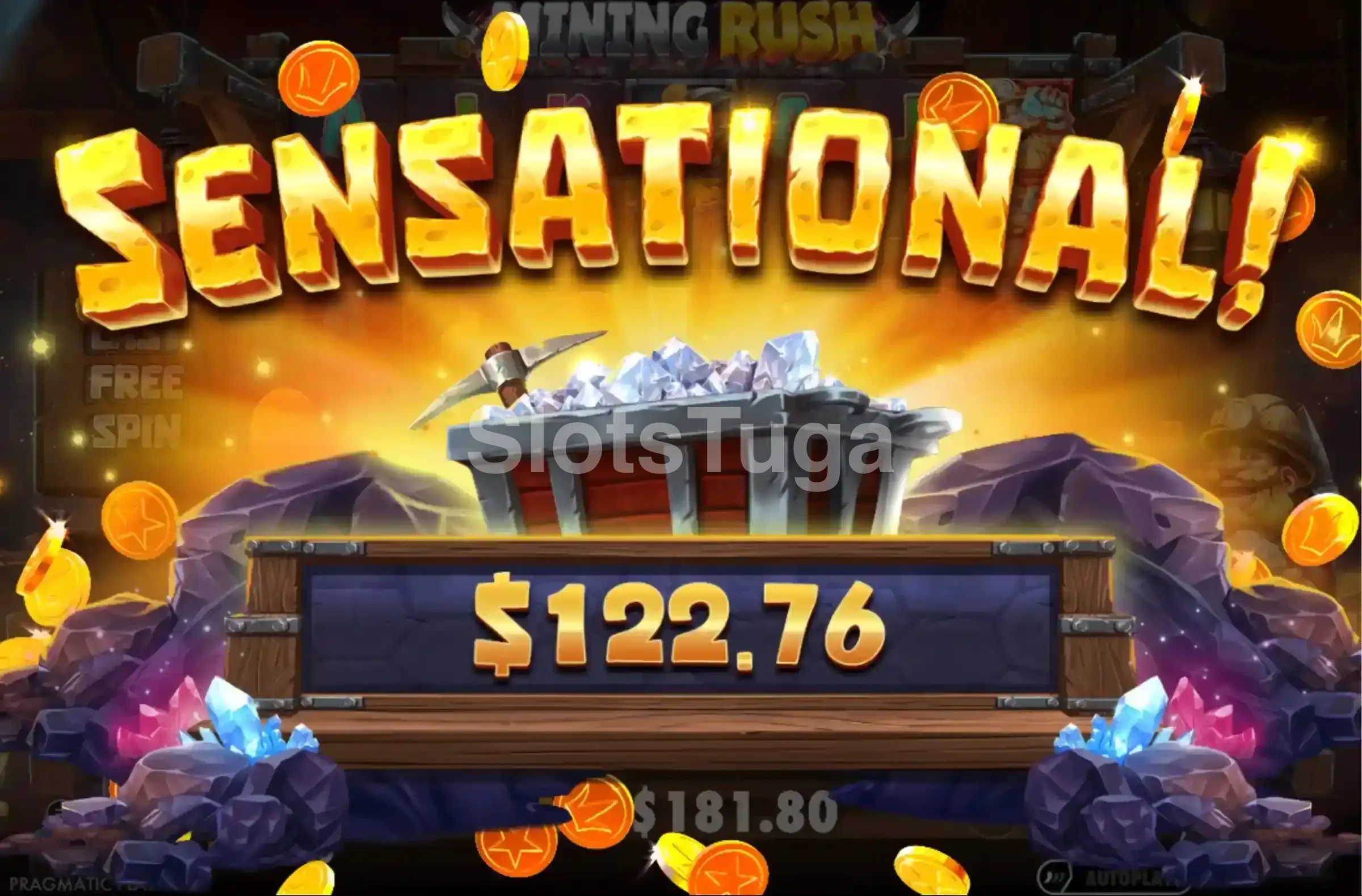 Big Win do Mining Rush com multiplicadores explosivos na tela