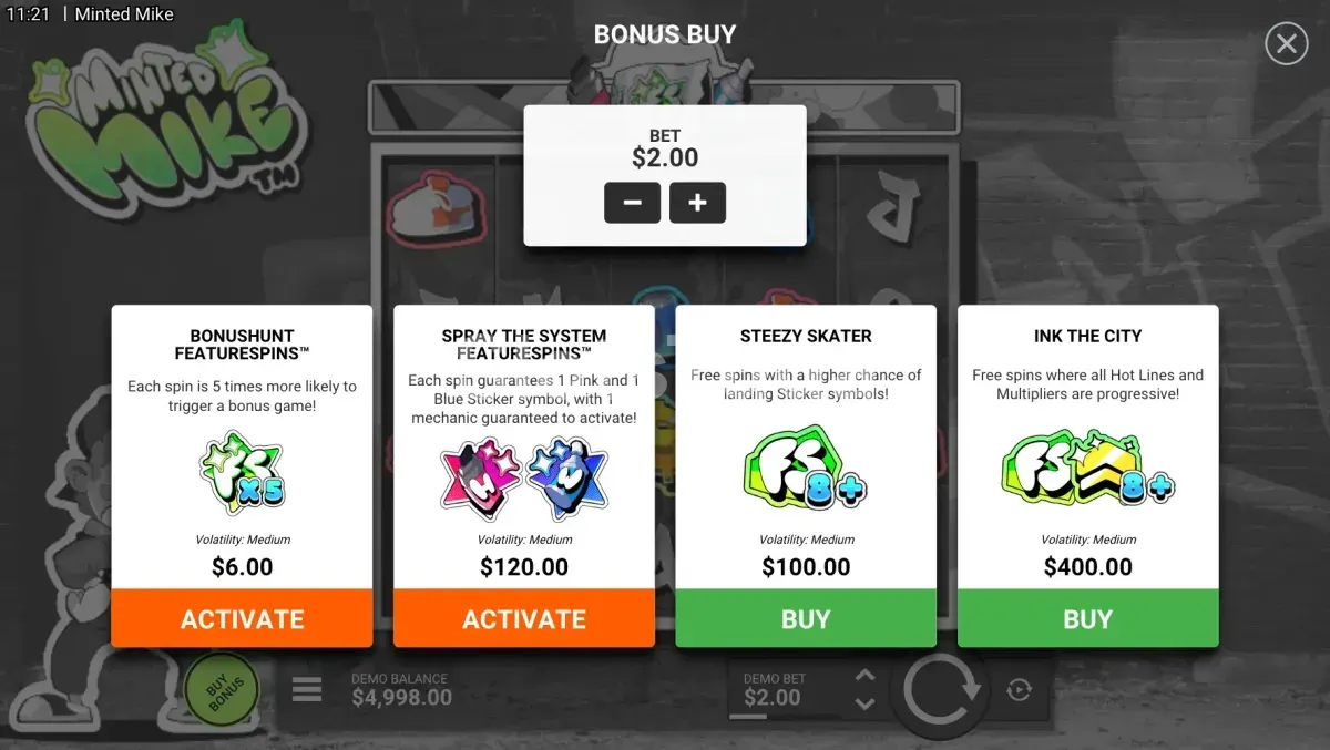 Menu de compra de bônus da slot Minted Mike com opções e preços em multiplicadores