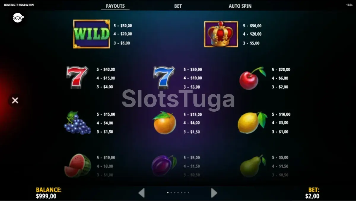 Tabela de pagamentos da Minting It! Hold & Win mostrando todos os símbolos e prêmios
