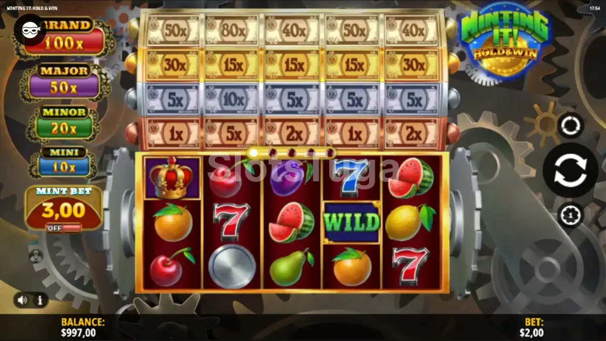 Segunda tela base da Minting It! Hold & Win com símbolos especiais aparecendo nos rolos