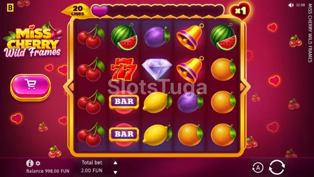 Miss Cherry Wild Frames: cinco rolos com uma coluna inteira de cerejas, melancias, uma ameixa, sinos dourados, um duplo sete, um diamante, dois BAR, limões e laranjas, com o indicador de 20 linhas e o multiplicador x1 no topo.