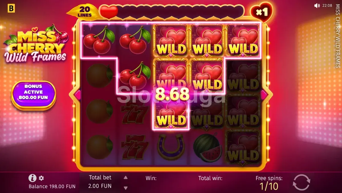 Ronda de Free Spins em Miss Cherry Wild Frames com Wilds sticky acumulados