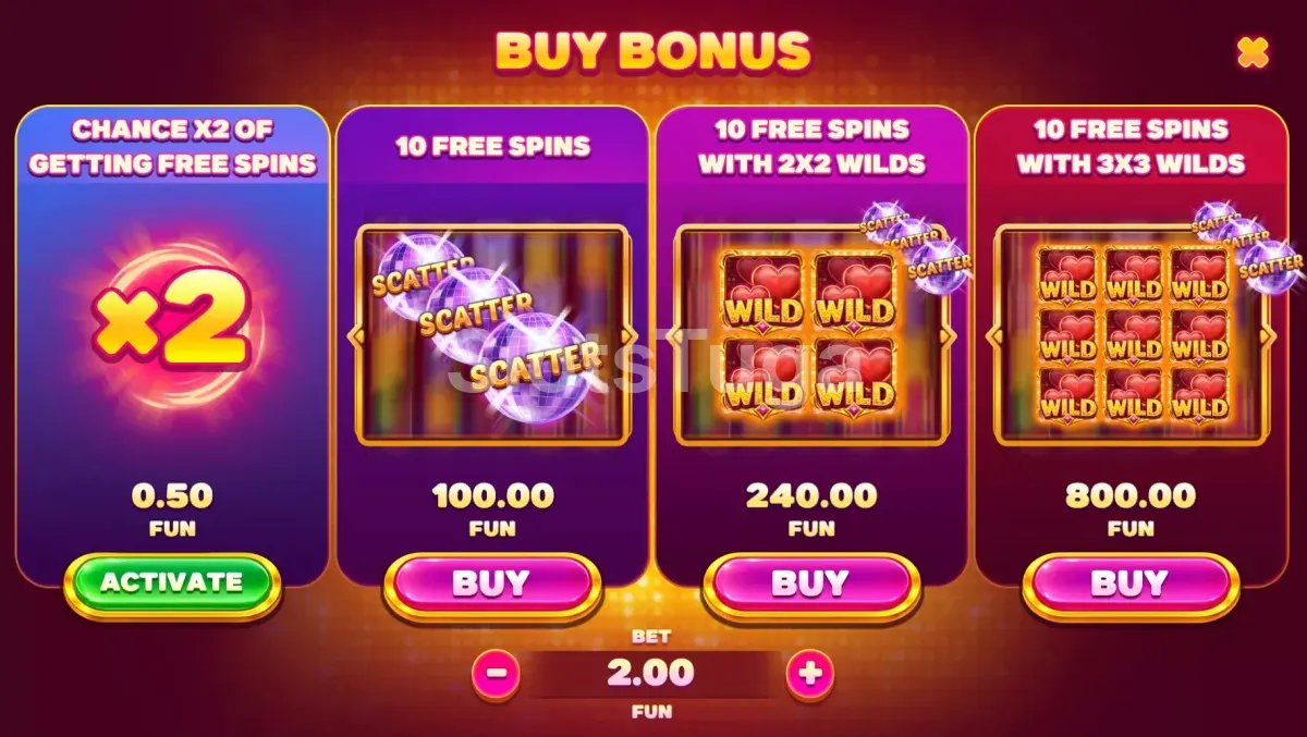 Menu de Bonus Buy de Miss Cherry Wild Frames com as três opções de compra