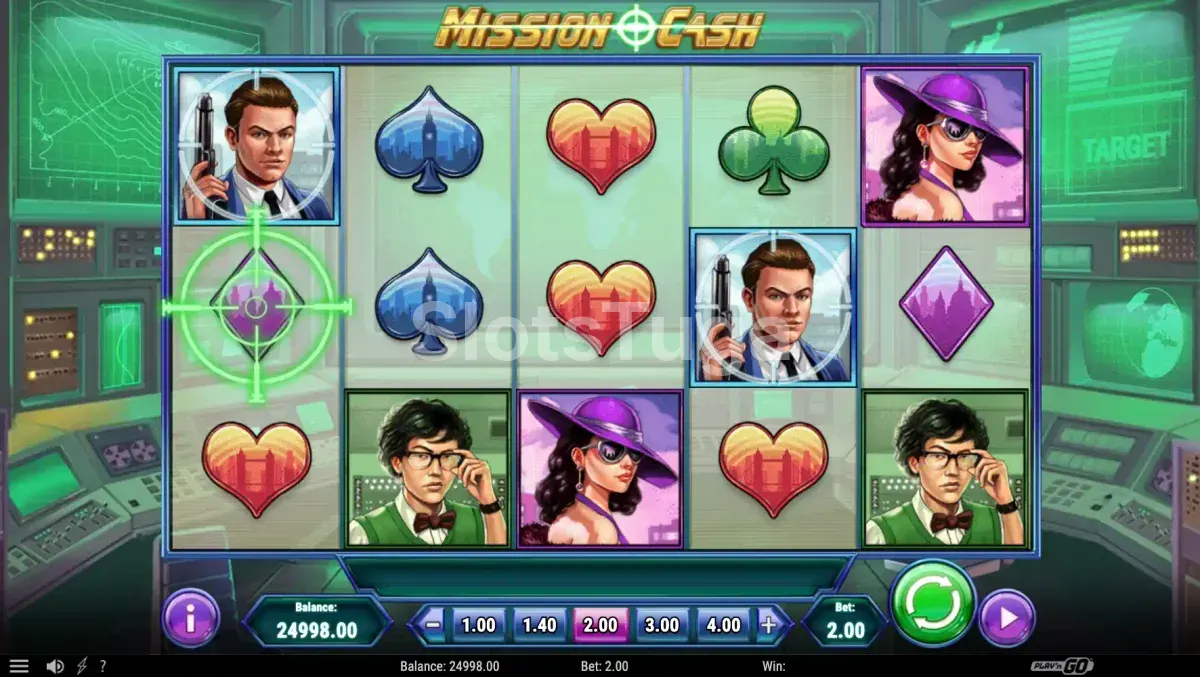Jogo base da slot Mission Cash mostrando os rouleaux e o ambiente de espionagem