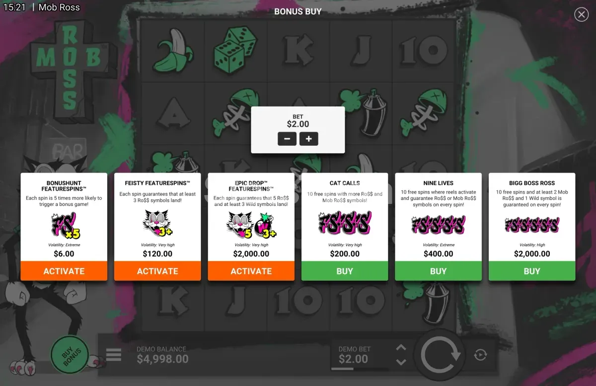 Opção de Bonus Buy disponível em Mob Ross