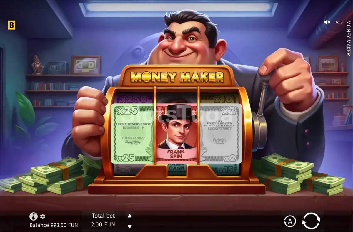 Tela principal da slot Money Maker com os três rolos e a linha de pagamento central