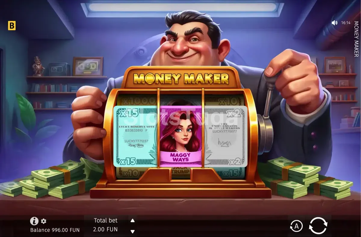 Segunda visualização do jogo Money Maker mostrando um spin em andamento nos rolos