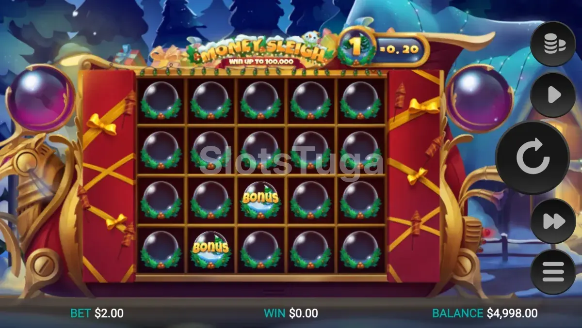 Tela principal do jogo Money Sleigh com rolos e tema natalino