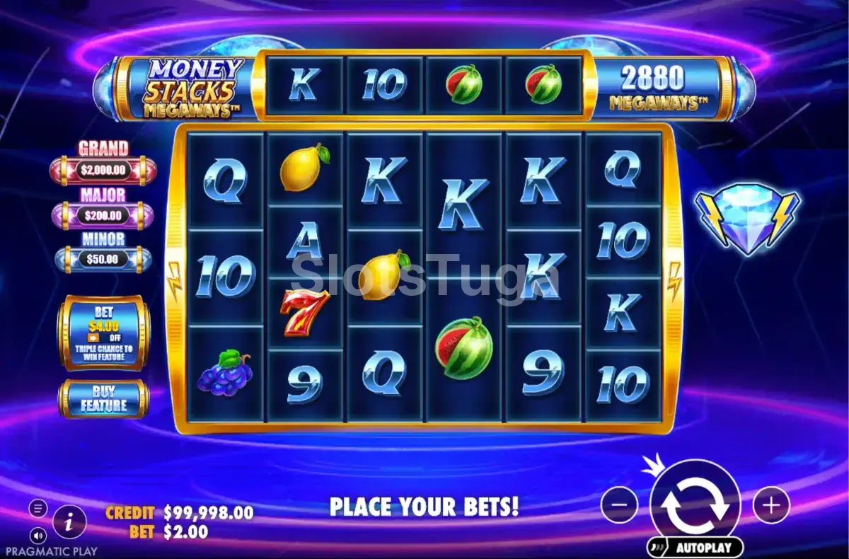Tela principal da slot Money Stacks Megaways com os rolos em ação