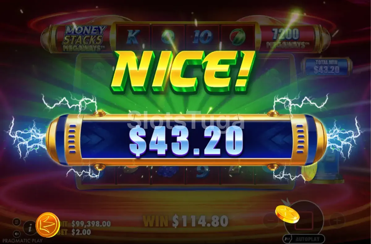 Grande vitória registrada na Money Stacks Megaways mostrando multiplicador alto