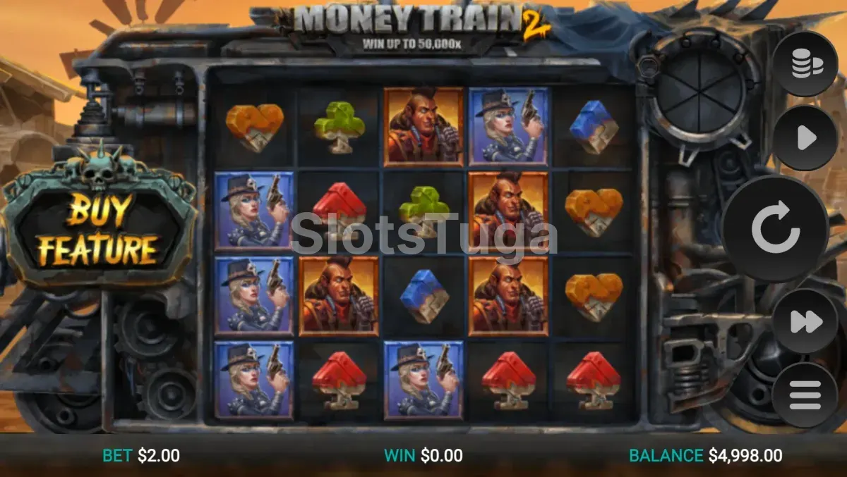 Money Train 2: grelha de cinco rolos sobre a carruagem blindada de um comboio, com uma pistoleira de chapéu, um bandido de moicano e naipes de cartas metálicos, e o botão Buy Feature à esquerda.
