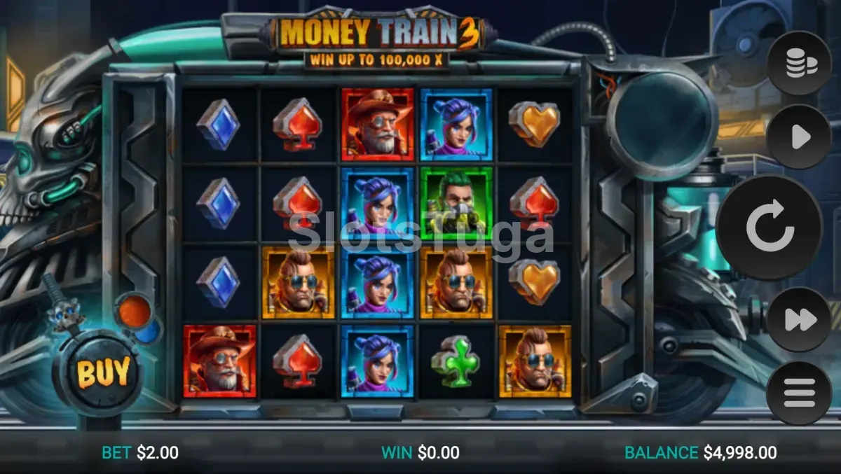 Jogo base de Money Train 3: o cartaz do topo anuncia o tecto de 100.000 vezes a aposta e o botão BUY à esquerda compra a funcionalidade dos vagões.