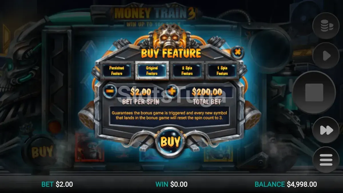 Tela de compra de bônus do Money Train 3