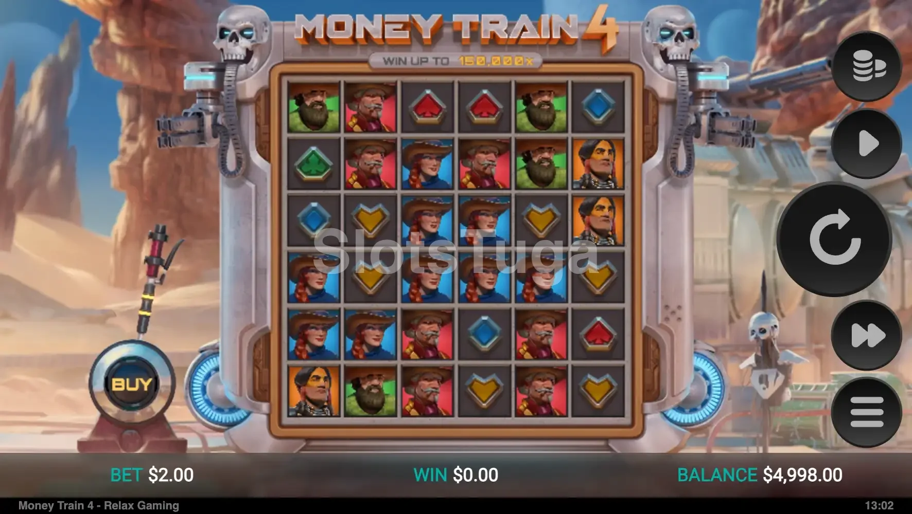 Money Train 4 em jogo base: grelha de seis por seis com retratos de bandidos de chapéu e gemas vermelhas, verdes e azuis, dentro de uma moldura metálica com duas caveiras de robô, num deserto de rochas vermelhas, com o botão BUY à esquerda.