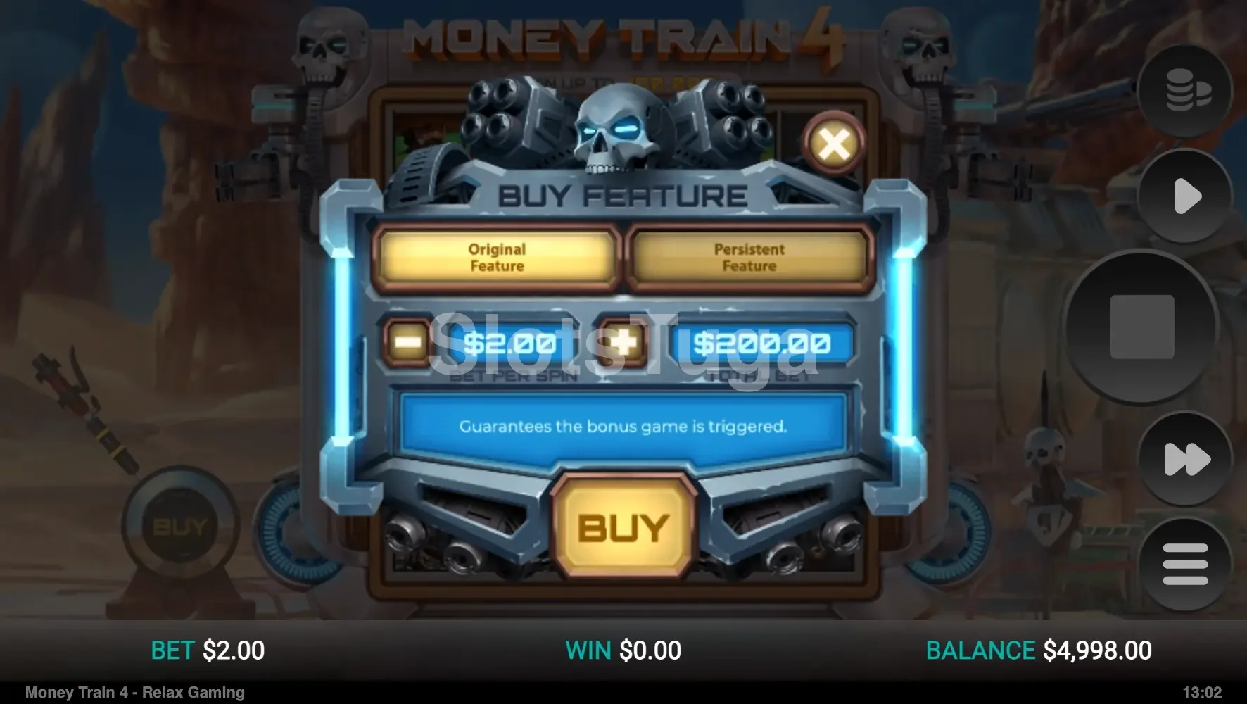 Tela de compra de bônus do Money Train 4 com opções de preço