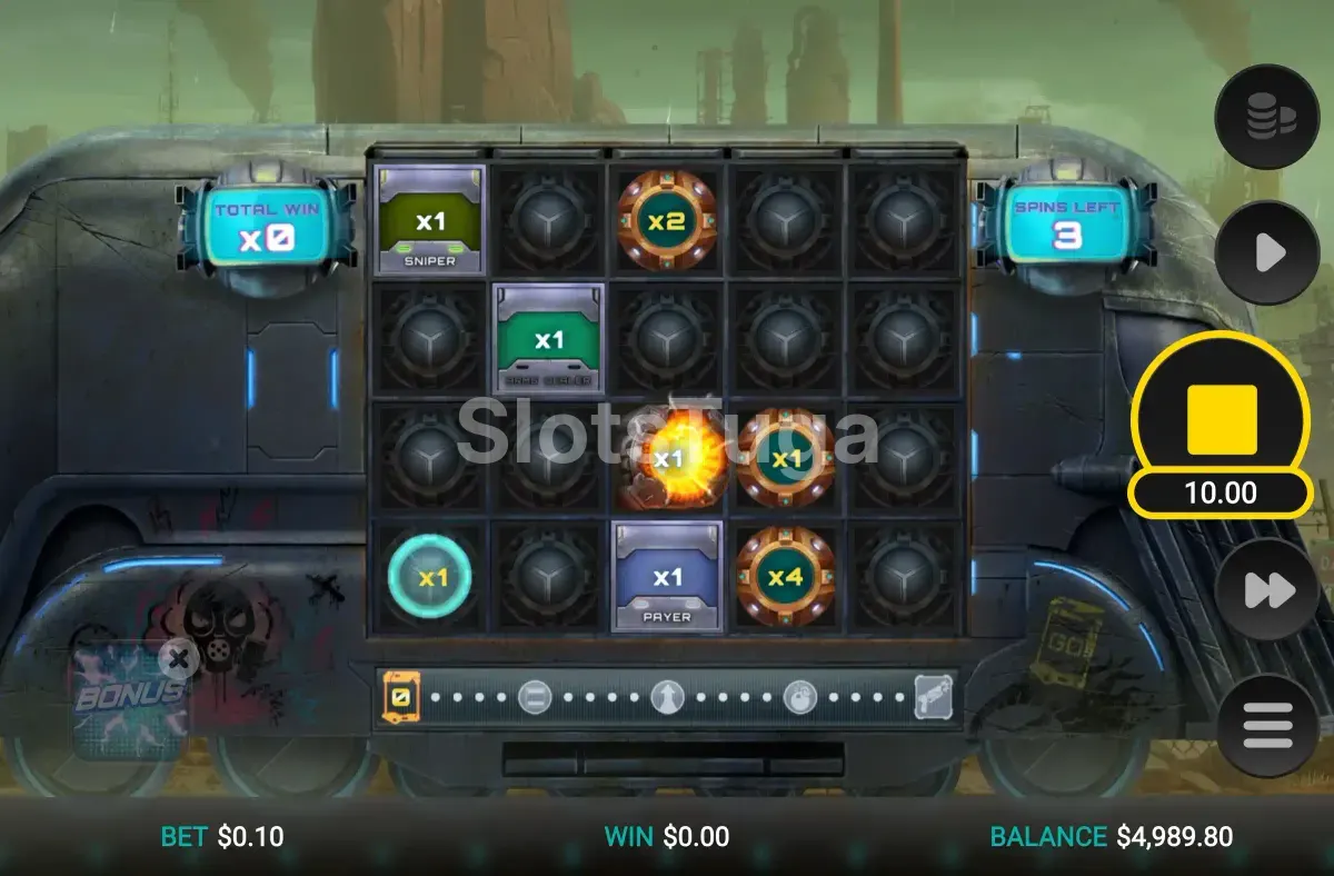 A ronda de rodadas grátis de Money Train 5: grelha de cinco por quatro na carruagem blindada de um comboio num cenário devastado, com placas metálicas de Sniper e Payer, moedas de bronze com x2 e x4, uma explosão no centro e o trilho das estações por baixo.
