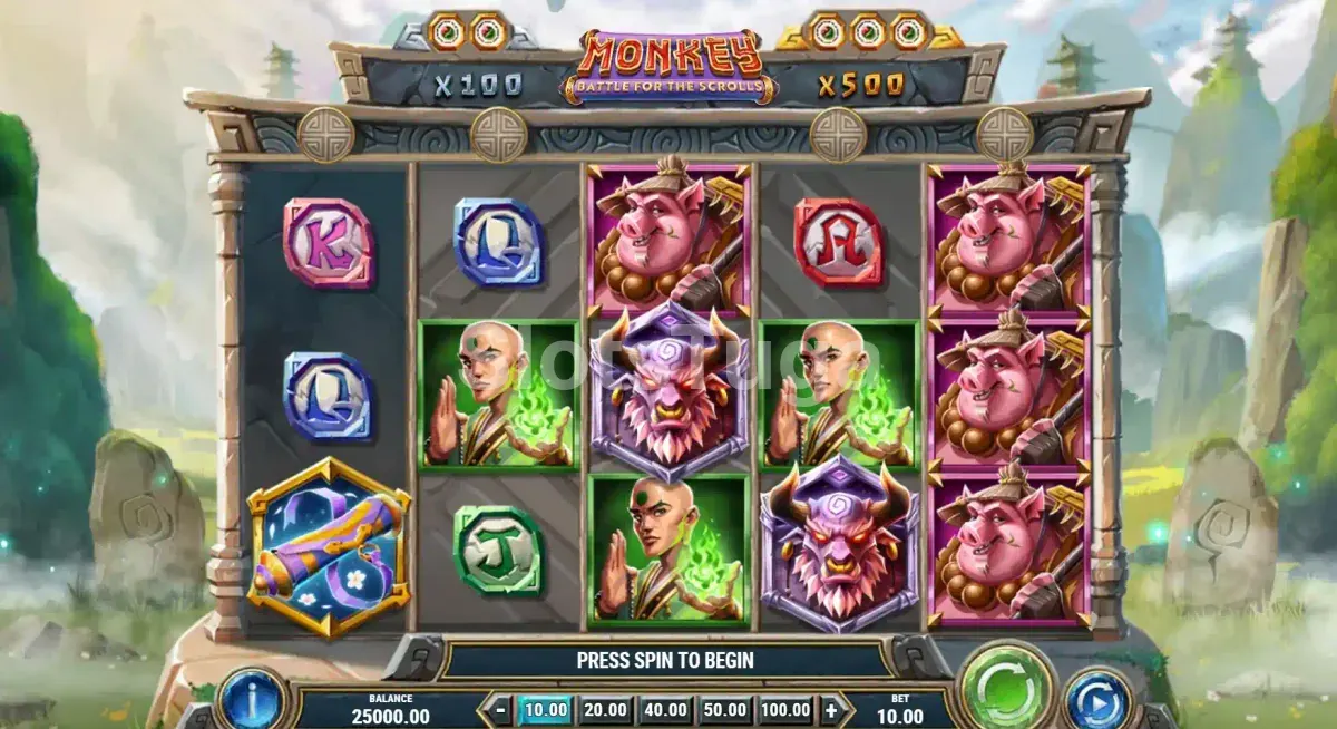 Jogo base do Monkey Battle for the Scrolls com cenário de montanhas e névoa