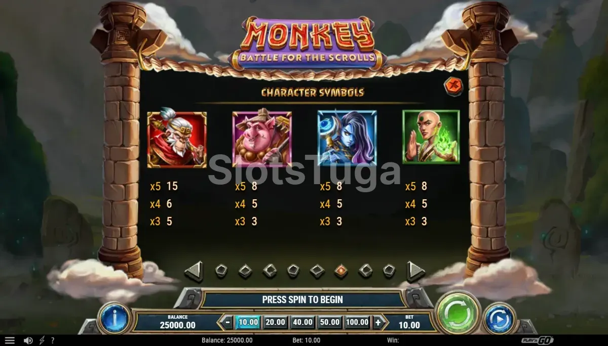 Tabela de pagamentos do Monkey Battle for the Scrolls com símbolos e valores