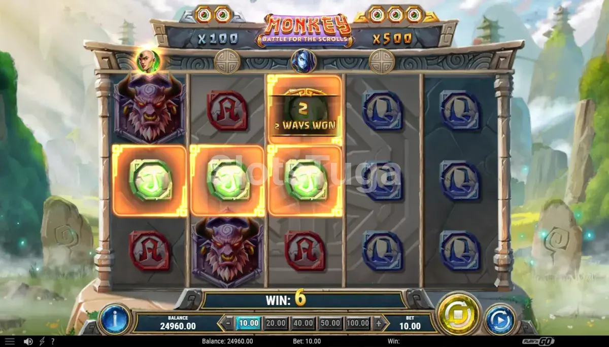 Resultado de giro com ativação de personagem no Monkey Battle for the Scrolls