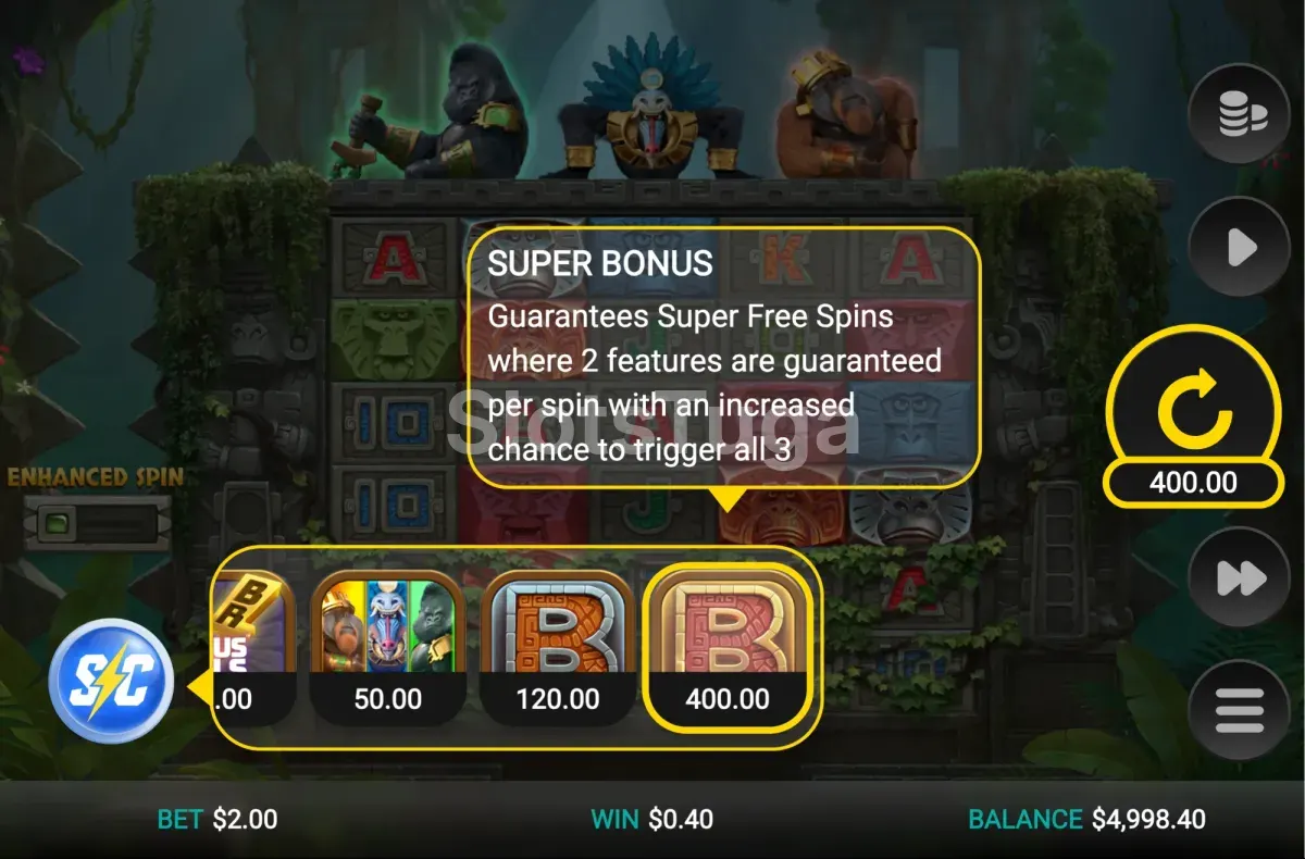 Menu de compra de bónus de Monkey Gods of the Inca com os preços em múltiplos da aposta