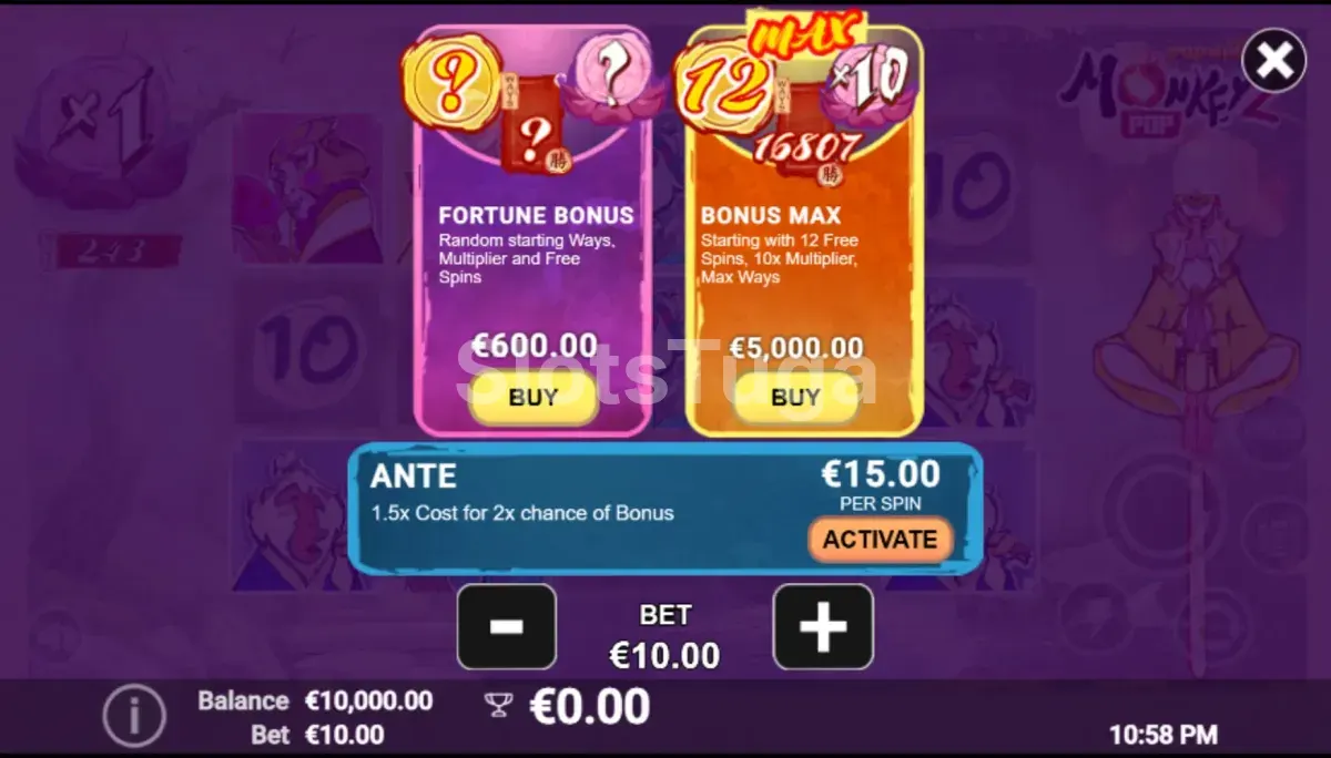 Tela de compra de bônus do MonkeyPop 2 com opções de pacotes disponíveis