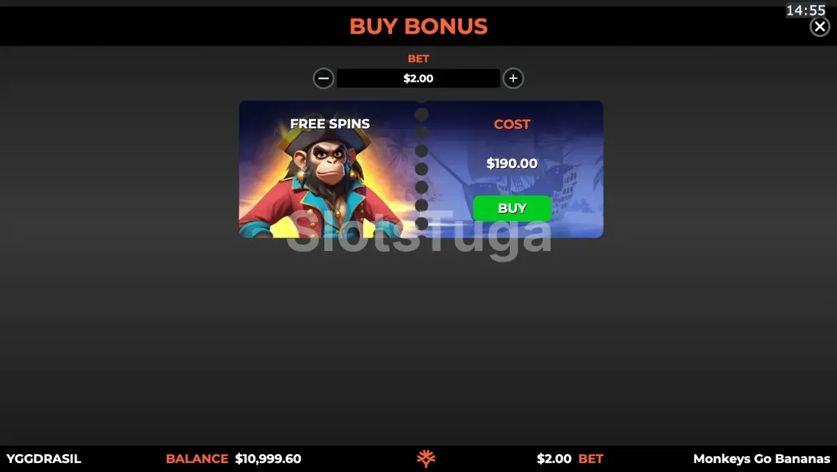Tela de compra de bônus do Monkeys Go Bananas MultiMax com opções de preço