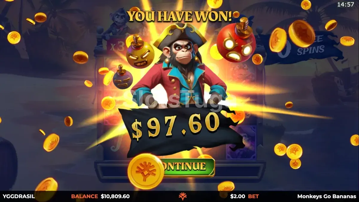 Big Win sendo exibido no Monkeys Go Bananas MultiMax com animação de celebração