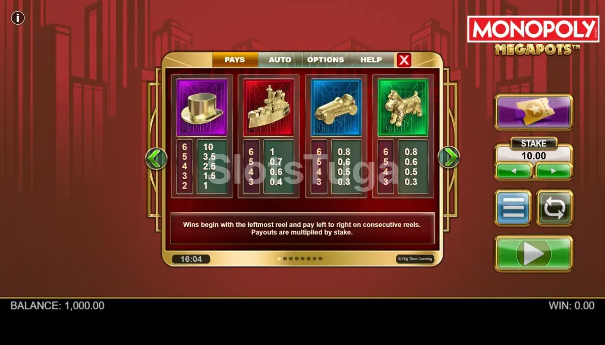Tabela de pagamentos do Monopoly Megapots mostrando os símbolos e multiplicadores