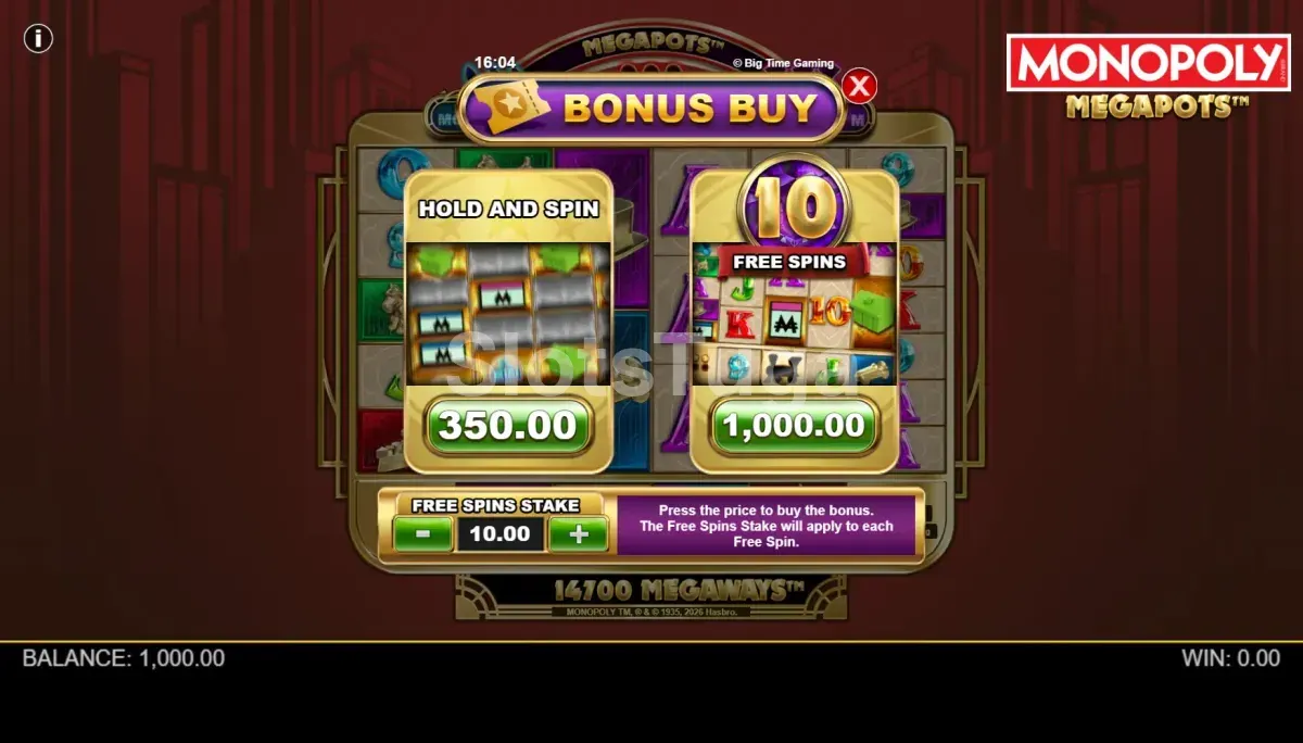Interface de compra de bônus do Monopoly Megapots com opções de preço