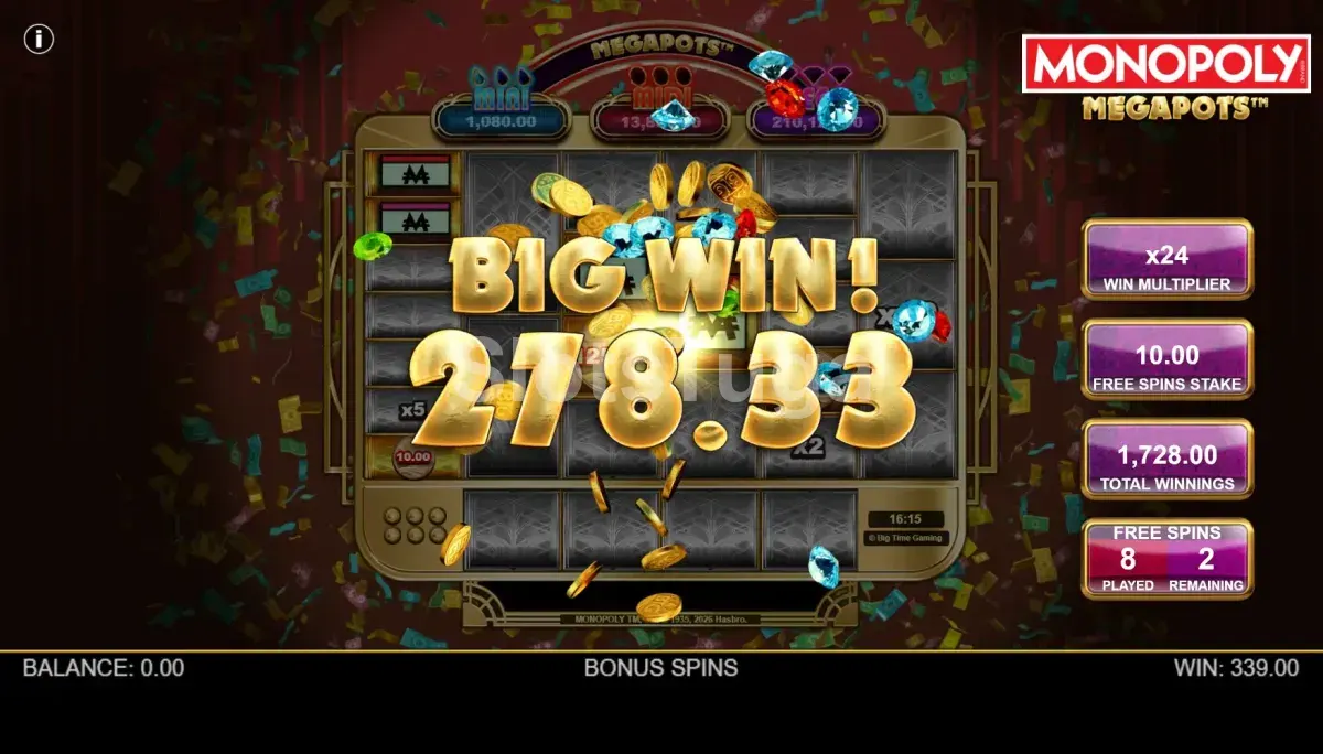 Big win sendo celebrado no Monopoly Megapots com animação do Mr. Monopoly