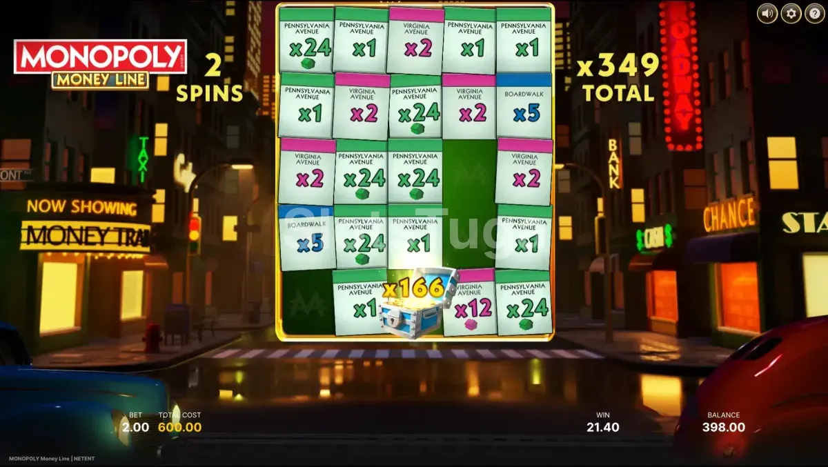 Rodada de giros grátis da Monopoly Money Line com tema Broadway