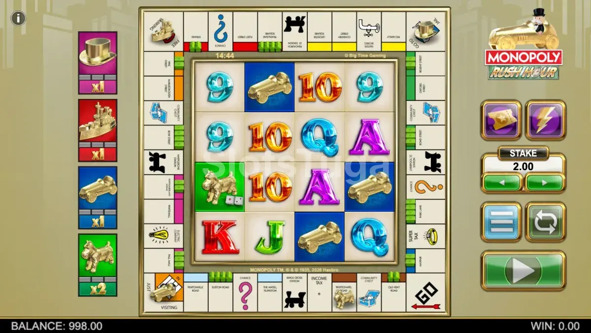 Jogo base do Monopoly Rush Hour com tabuleiro completo ao redor dos rolos