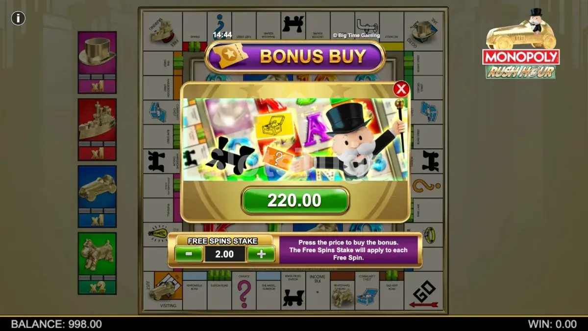 Tela de compra de bônus do Monopoly Rush Hour com opções disponíveis