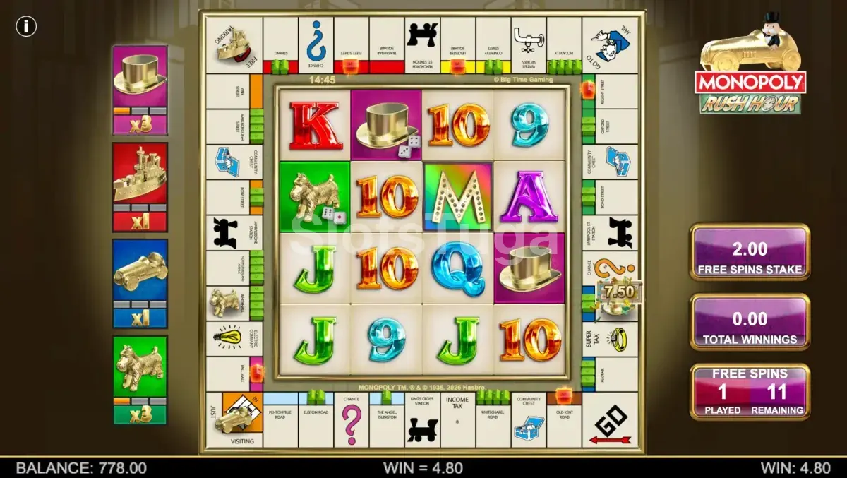 Feature de giros grátis do Monopoly Rush Hour com fichas no tabuleiro