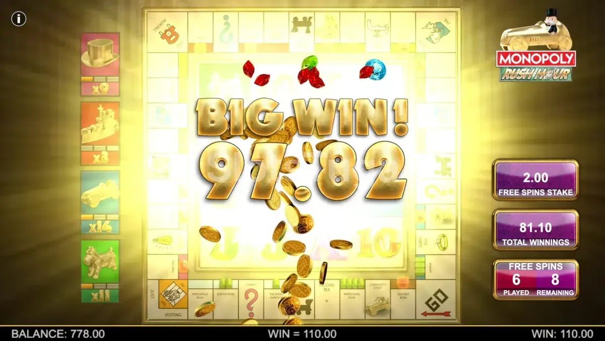 Grande vitória no Monopoly Rush Hour com multiplicador elevado
