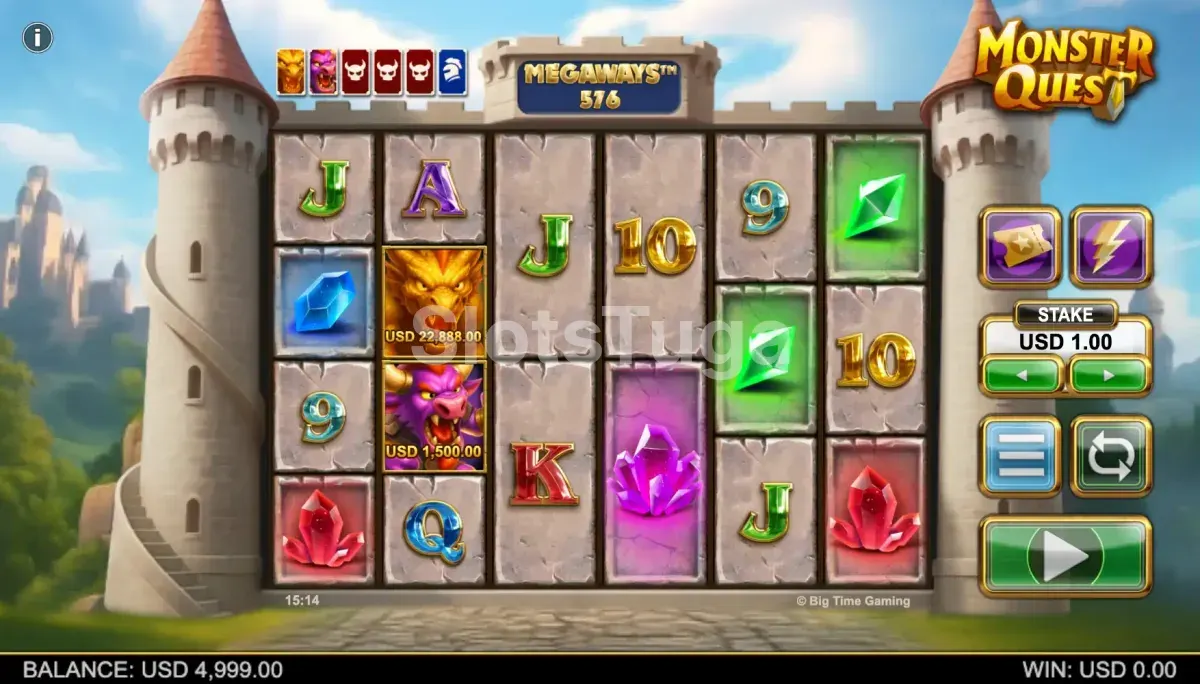 Tela principal da slot Monster Quest com o grid medieval