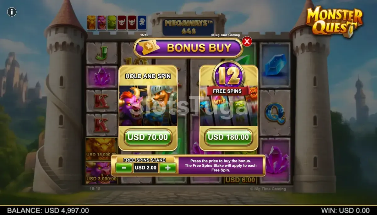 Menu de compra de bônus da Monster Quest da Big Time Gaming